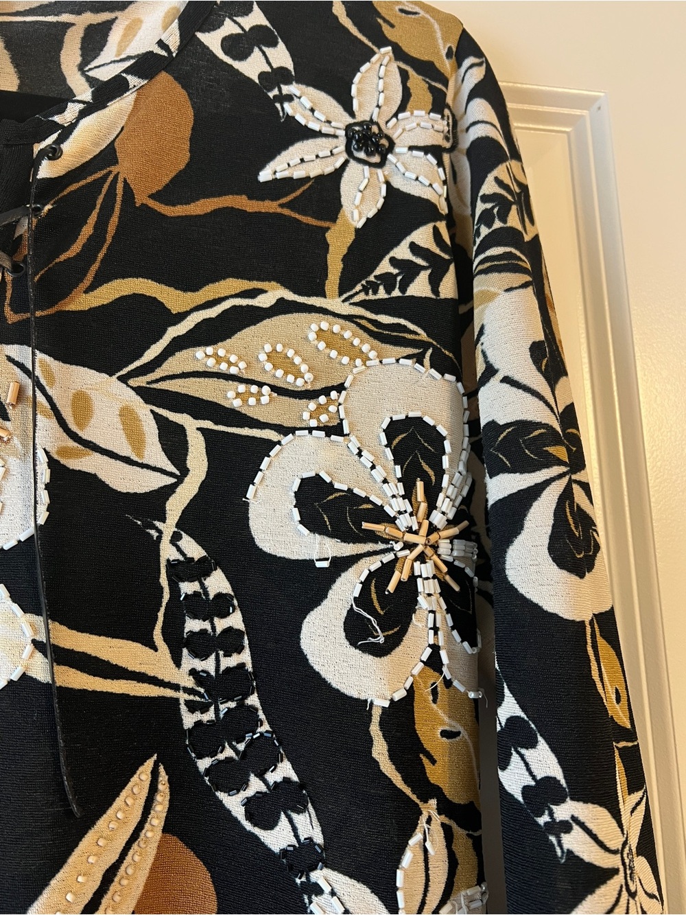 Vanity Black Floral Ruffle Sleeve Blouse with Gold Accents - Picture 4 of 7